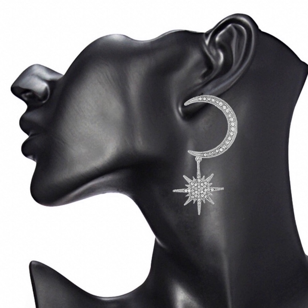 Silver & Crystal Crescent Moon w/Star Earrings - Picture 5 of 7